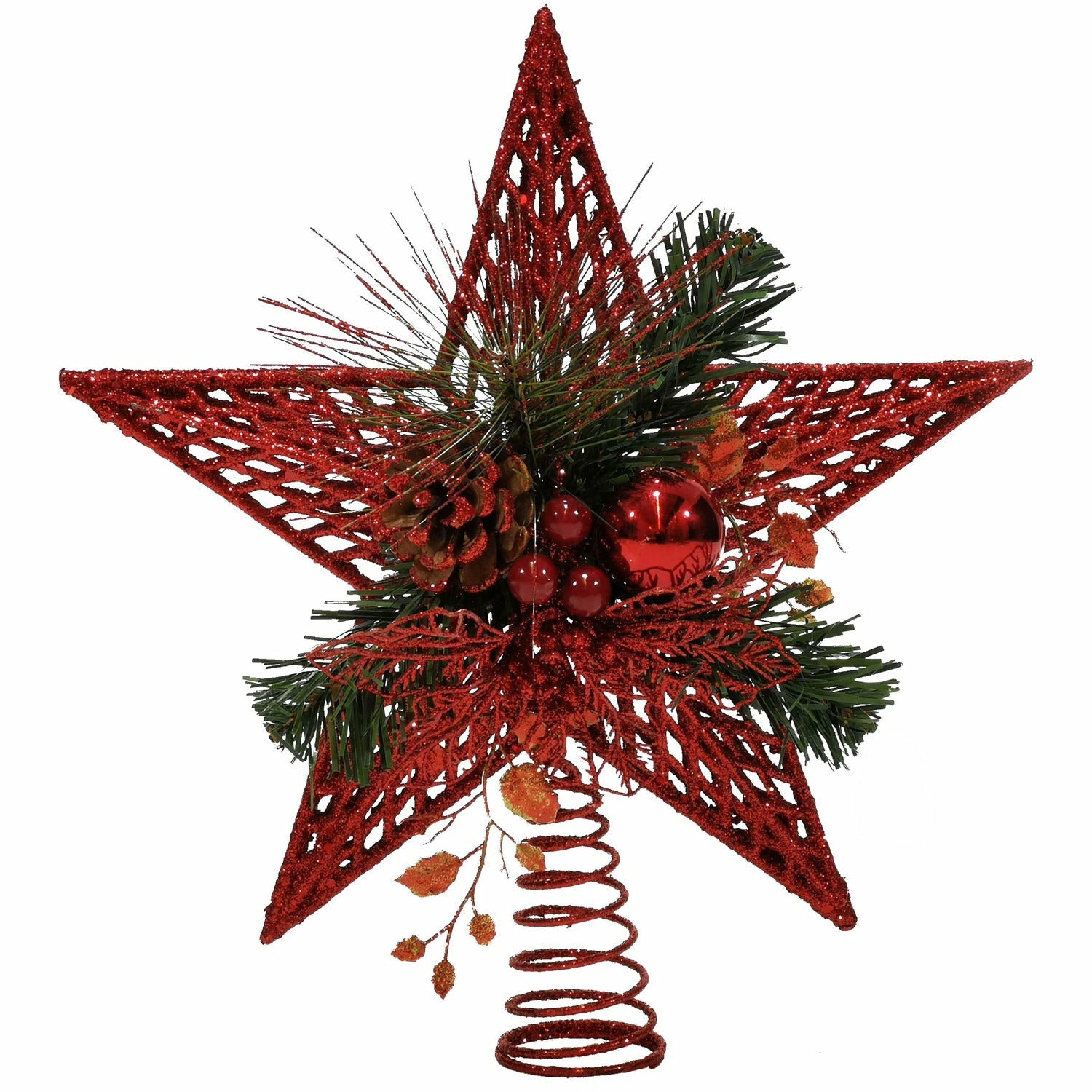 VESTIAMO CASA GRAN NATALE - Puntale Stella Natale Glitter Rossoc con Pigne h32 cm